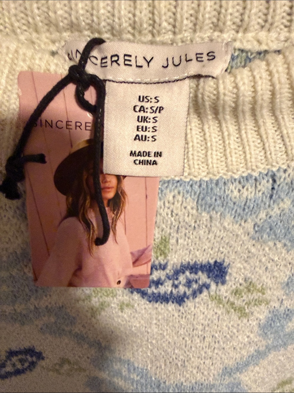 Sincerely Jules Cream Sweater with Light Blue and Navy Floral Pattern, (sold) - Picture 2 of 4